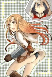 Rule 34 | 10s, 1boy, 1girl, ass, assassin&#039;s creed, assassin&#039;s creed (series), asuna (sao), blonde hair, blush, boots, crossover, concealed weapon, hidden blade (assassin&#039;s creed), highres, hood, kirito, siam (meow13), sword art online, vambraces, weapon