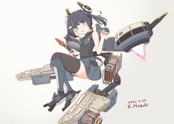 Rule 34 | 1girl, absurdres, battle of titans, blue eyes, blue hair, chest armor, dark blue hair, flying, headgear, highres, holding, holding missile, hozukikasumi, low twintails, mecha musume, mechanical legs, mechanical parts, missile, missile pod, multishot rocket launcher, personification, rocket launcher, skirt, thighhighs, thrusters, twintails, weapon, white background
