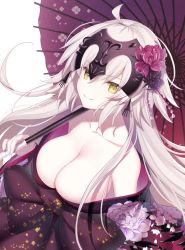Rule 34 | 1girl, alternate costume, bare shoulders, breasts, cleavage, fate/grand order, fate (series), floral print, grey hair, headpiece, jeanne d&#039;arc (fate), jeanne d&#039;arc alter (avenger) (fate), jeanne d&#039;arc alter (fate), large breasts, looking at another, miko (royal milk), off shoulder, oil-paper umbrella, smile, solo, umbrella, white background, yellow eyes