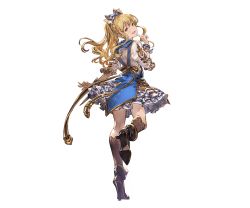 Rule 34 | 10s, 1girl, alternate costume, blonde hair, boots, bow, detached sleeves, frilled skirt, frills, full body, granblue fantasy, kimi to boku no mirai, knee boots, long hair, looking at viewer, looking back, minaba hideo, official art, open mouth, ponytail, short sleeves, skirt, smile, solo, standing, transparent background, vira (granblue fantasy), wrist cuffs, yellow eyes
