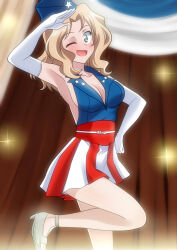 Rule 34 | 1girl, absurdres, american flag dress, blonde hair, blue eyes, blush, breasts, elbow gloves, girls und panzer, gloves, highres, kay (girls und panzer), large breasts, long hair, looking at viewer, one eye closed, open mouth, salute, sideboob, skirt, smile, solo, wakku kan, white gloves, wink