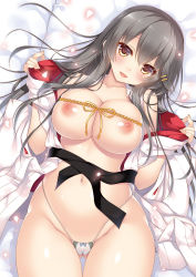 Rule 34 | 1girl, black hair, blush, breasts, brown eyes, cameltoe, cleavage, collarbone, commentary request, gluteal fold, grey hair, groin, hair ornament, hairclip, haruna (kancolle), highleg, highres, kantai collection, large breasts, long hair, looking at viewer, navel, nipples, no bra, open clothes, open mouth, panties, petals, ribbon, shigunyan, skindentation, smile, solo, string panties, underwear, undressing