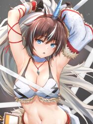 Rule 34 | 1girl, absurdres, arknights, armpits, arms up, bare shoulders, belt, black gloves, blue eyes, breasts, brown hair, choker, cleavage, commentary request, cowboy shot, detached sleeves, fur trim, gloves, grey background, highres, horns, jewelry, kirin r yato (arknights), large breasts, looking at viewer, monster hunter (series), navel, open mouth, pendant, pointy ears, solo, stomach, white choker, yato (arknights), yukinoshiro