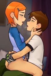 Rule 34 | 1boy, 1girl, after kiss, ben 10, ben tennyson, blue shirt, bottomless, brown hair, cousins, ear piercing, earrings, from side, girl on top, green eyes, green pants, gwen tennyson, hair ornament, hairclip, half-closed eyes, hands on another&#039;s hips, hetero, highres, incest, jewelry, loodncrood, looking at another, omnitrix, open mouth, orange hair, pants, piercing, profile, raglan sleeves, saliva, saliva trail, shirt, short hair, sitting, sitting on person, straddling, stud earrings, teeth, tongue, tongue out, upper teeth only, white shirt