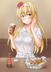 Rule 34 | 1girl, anti (untea9), dress, eating, hair between eyes, highres, kantai collection, official alternate costume, sauce, sitting, solo, warspite (kancolle), white dress