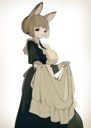 Rule 34 | 1girl, absurdres, animal ears, apron, apron lift, black dress, black eyes, braid, breasts, brown hair, clothes lift, collared dress, commentary, dress, from side, highres, large breasts, looking at viewer, original, parted lips, rabbit ears, rabbit girl, sakutake (ue3sayu), short hair, sidelocks, smile, solo
