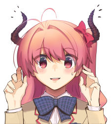 Rule 34 | 1girl, absurdres, antenna hair, blue bow, blue bowtie, boa (brianoa), bow, bowtie, chaos;head, collared shirt, demon horns, fingernails, gradient hair, grey jacket, hair bow, hair intakes, hands up, highres, horns, jacket, long sleeves, looking at viewer, multicolored hair, notice lines, plaid, plaid bow, plaid bowtie, plaid neckwear, red bow, red hair, round teeth, sakihata rimi, school uniform, shirt, simple background, smile, solo, teeth, upper body, upper teeth only, white background, white shirt, wide-eyed, wing collar