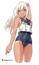 Rule 34 | 1girl, blonde hair, blue eyes, blush, breasts, cowboy shot, crop top, flower, hair flower, hair ornament, highres, japanese flag, kantai collection, long hair, looking at viewer, one-piece swimsuit, one-piece tan, open mouth, ro-500 (kancolle), sailor collar, school swimsuit, school uniform, serafuku, simple background, small breasts, smile, solo, swimsuit, swimsuit under clothes, tan, tanline, twitter username, white background, yamano rita
