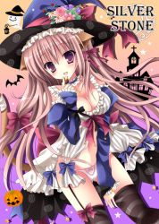 Rule 34 | 1girl, animal ears, bow, breasts, brown eyes, brown hair, cat ears, cat tail, choker, cleavage, cookie, food, garter belt, ghost, hair bow, hair ribbon, halloween, hat, holding, jack-o&#039;-lantern, kirishima riona, long hair, looking at viewer, navel, original, panties, ribbon, solo, striped clothes, striped thighhighs, tail, thighhighs, underwear, witch hat