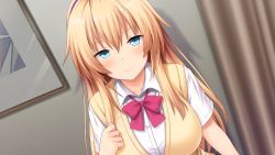 Rule 34 | 1girl, absurdres, blonde hair, blue eyes, blush, bow, bowtie, breasts, closed mouth, drawing (object), female focus, game cg, highres, indoors, kyouno hana, large breasts, light blush, long hair, looking at viewer, nekonyan, original, school uniform, smile, solo, tonari ni kanojo no iru shiawase ~curious queen~, upper body