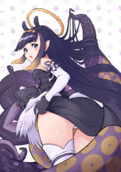 Rule 34 | 1girl, absurdres, animal ears, ao-chan (ninomae ina&#039;nis), ass, black dress, black gloves, blue eyes, blush, book, breasts, commentary, cowboy shot, detached sleeves, dress, english commentary, extra ears, feathered wings, flower knot, from behind, gloves, gradient hair, grey background, halo, highres, holding, holding book, hololive, hololive english, kame tousagi, long hair, looking at viewer, looking back, mole, mole under eye, multicolored hair, ninomae ina&#039;nis, ninomae ina&#039;nis (1st costume), off-shoulder dress, off shoulder, open mouth, orange hair, panties, pantyshot, patterned background, pointy ears, purple hair, single thighhigh, small breasts, solo, straight hair, taut clothes, taut dress, tentacle hair, tentacles, thigh gap, thighhighs, thighs, tiara, two-tone hair, underwear, very long hair, virtual youtuber, white background, white panties, white thighhighs, wings