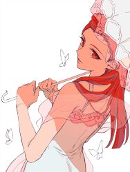 Rule 34 | 1girl, ace attorney, ako (eanaaati1), braid, bug, butterfly, dahlia hawthorne, dress, hagoromo, highres, holding, holding umbrella, insect, long hair, looking at viewer, red eyes, red hair, see-through, shawl, simple background, smile, solo, umbrella, white background, white butterfly, white dress