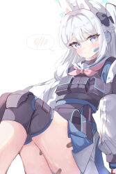 Rule 34 | 1girl, absurdres, animal ears, bandaid, bandaid on leg, bite mark, bite mark on neck, blue archive, blue halo, blush, braid, closed mouth, fake animal ears, grey hair, halo, highres, long hair, long sleeves, looking at viewer, miyako (blue archive), one side up, purple eyes, rabbit ears, sailor collar, simple background, sisong, solo, spoken blush, white background, white sailor collar
