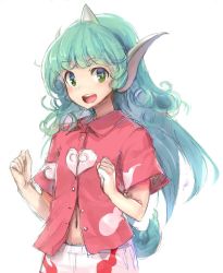 Rule 34 | 1girl, :d, animal ears, buttons, collared shirt, commentary request, cowboy shot, ebizome, green eyes, green hair, horns, komano aunn, long hair, looking at viewer, navel, open mouth, partially unbuttoned, round teeth, shirt, short sleeves, simple background, single horn, smile, solo, tail, teeth, touhou, white background