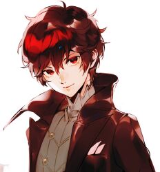 Rule 34 | 1boy, amamiya ren, black coat, coat, grey vest, hair between eyes, highres, looking at viewer, lor (roasyerizyonirapi), male focus, open clothes, open coat, parted lips, persona, persona 5, red eyes, red hair, short hair, simple background, smile, solo, upper body, vest, white background