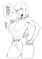 Rule 34 | 1girl, breasts, commentary request, greyscale, hand on own hip, highres, large breasts, lineart, long hair, monochrome, one-piece swimsuit, original, ponytail, narrow waist, solo, spacezin, swimsuit, translation request, tsurime, zoe (spacezin)