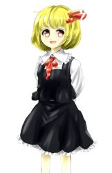 Rule 34 | 1girl, :d, arms behind back, blonde hair, fang, frilled skirt, frills, hair ribbon, highres, necktie, ofuton (niigata kenmin), open mouth, pink eyes, ribbon, rumia, shirt, short hair, skirt, smile, solo, touhou, vest