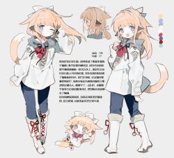 Rule 34 | 1girl, :d, animal ears, blonde hair, blue eyes, blue pants, blush, blush stickers, boots, bow, character profile, character sheet, chibi, chibi inset, chinese text, chizunyanko, closed mouth, color guide, dog ears, dog tail, full body, grey background, hair bow, highres, hood, hood down, hoodie, jacket, light brown hair, long hair, long sleeves, looking at viewer, multiple views, one eye closed, open mouth, original, pants, ponytail, ribbon, simple background, smile, standing, tail, white bow, white footwear