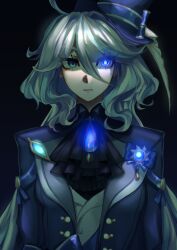 Rule 34 | 1girl, absurdres, ahoge, ascot, black ascot, black background, blue hair, blue hat, blue jacket, brooch, commentary, furina (genshin impact), genshin impact, glowing, glowing eye, hair between eyes, hair intakes, hat, highres, jacket, jewelry, long hair, long sleeves, looking at viewer, multicolored hair, open clothes, open jacket, shirt, simple background, solo, streaked hair, top hat, tractorbelarus228, upper body, very long hair, white hair, white shirt