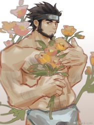 Rule 34 | 1boy, amaimochi, bara, beard, black hair, chest hair, covering privates, facial hair, floral background, flower, forehead protector, highres, holding, holding flower, looking at viewer, male focus, mature male, muscular, muscular male, naruto (series), naruto shippuuden, navel hair, nude cover, orange flower, pectorals, sarutobi asuma, short hair, solo, topless male, unfinished