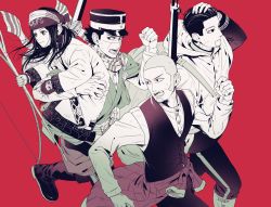 Rule 34 | 1girl, 3boys, absurdres, ainu, ainu clothes, arisaka, asirpa, bandana, bolt action, boots, bow (weapon), carrying over shoulder, cloak, clothes around waist, earrings, facial hair, facial scar, feet out of frame, goatee, golden kamuy, greyscale, gun, gun sling, hair slicked back, hair strand, hand on own head, haori, hat, highres, holding, holding bow (weapon), holding stick, holding weapon, hoop earrings, jacket, jacket around waist, japanese clothes, jewelry, long hair, long sideburns, long sleeves, looking away, military, military hat, military uniform, monochrome, multiple boys, ogata hyakunosuke, open mouth, pants, red background, rifle, running, scar, scar on cheek, scar on face, scar on nose, scarf, shaved head, shiraishi yoshitake, short hair, sideburns, simple background, stick, sugimoto saichi, sweat, uniform, very short hair, vest, weapon, yuu (isis7796)