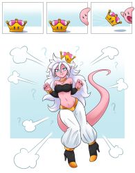 Rule 34 | 1girl, :t, ?, ambris art, android 21, bare shoulders, black nails, blue eyes, choker, colored skin, dragon ball, dragon ball fighterz, earrings, full body, highres, hoop earrings, jewelry, kirby, kirby (series), light persona, long hair, majin android 21, nail polish, navel, nintendo, pink skin, pointy ears, strapless, super crown, tail, tube top, white hair, yellow choker