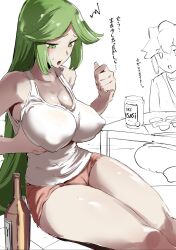 Rule 34 | 1boy, 1girl, alcohol, bottle, breasts, cameltoe, cleavage, covered erect nipples, grabbing own breast, green eyes, green hair, highres, japanese text, kid icarus, kid icarus uprising, large breasts, long hair, looking down, manno (kanpi2100), matching hair/eyes, nintendo, palutena, pit (kid icarus), sake, sitting, sweatdrop, tank top, thighs, translation request, very long hair