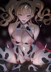 1boy 1girl animal_print bell blonde_hair blue_eyes blush breasts center_opening collarbone cow_print cowbell cowgirl_position elbow_gloves female_pubic_hair girl_on_top gloves granblue_fantasy hair_intakes hairband hetero highres large_breasts leash long_hair looking_at_viewer navel nipples one-piece_swimsuit open_mouth penis pubic_hair pussy sex spread_legs straddling swimsuit thighhighs thighs twintails ulrich_(tagaragakuin) vaginal zeta_(granblue_fantasy)