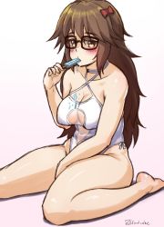 Rule 34 | 1girl, artist name, azur lane, black-framed eyewear, blush, bow, breasts, brown eyes, brown hair, casual one-piece swimsuit, commentary, cosplay, criss-cross halter, english commentary, fate/extra, fate/extra ccc, fate (series), finalcake, food, glasses, hair bow, halterneck, highleg, highleg swimsuit, highres, jinako carigiri, large breasts, long hair, looking at viewer, one-piece swimsuit, plump, popsicle, red bow, simple background, solo, swimsuit, takao (azur lane), takao (azur lane) (cosplay), takao (beach rhapsody) (azur lane), white background, white one-piece swimsuit