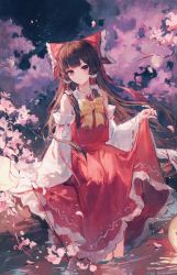 Rule 34 | 1girl, absurdres, blouse, bow, bowtie, branch, brown hair, bud, cherry blossoms, collared shirt, detached sleeves, frilled bow, frills, hair bow, hair tubes, hakurei reimu, head tilt, highres, long hair, maccha (mochancc), night, outdoors, partially submerged, petals, pink eyes, red bow, red shirt, red skirt, ribbon-trimmed sleeves, ribbon trim, shirt, sidelocks, skirt, skirt hold, skirt set, sky, sleeveless, sleeveless shirt, solo, star (sky), starry sky, touhou, water, yellow bow, yellow bowtie