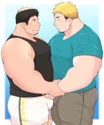 Rule 34 | 2boys, 3c pan (izumipan3), ^ ^, absurdres, bara, belly-to-belly, black tank top, blonde hair, blush, bulge, bulge press, bulges touching, closed eyes, couple, facial hair, fat, fat man, from side, goatee stubble, grin, hand on another&#039;s arm, highres, large pectorals, looking at another, male focus, medium sideburns, mole, mole under eye, multicolored hair, multiple boys, muscular, muscular male, original, pectoral docking, pectoral press, pectorals, profile, sexual harassment, shirt tug, short hair, short shorts, shorts, sideburns stubble, sideways mouth, smile, stubble, tank top, thick eyebrows, thick thighs, thighs, two-tone hair, yaoi