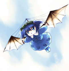 Rule 34 | 1girl, artificial wings, blue eyes, blue hair, fang, female focus, full body, hair bobbles, hair ornament, hat, highres, kawashiro nitori, key, matching hair/eyes, mechanical wings, outdoors, pocket, short hair, sky, solo, touhou, twintails, two side up, wings, yume shokunin