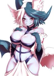Rule 34 | bad id, bad twitter id, bare shoulders, black gloves, black hair, blue skin, breasts, colored skin, gloves, hands on breasts, hip vent, horns, kaiten muten-maru, large breasts, multicolored hair, queen morte, red eyes, smile, solo, two-tone hair, white hair, zyugoya