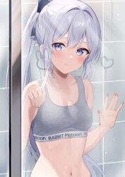 Rule 34 | 1girl, against glass, alternate costume, alternate hairstyle, bare arms, bare shoulders, bathroom, blue archive, blue eyes, blue hair, breasts, closed mouth, collarbone, commentary, double-parted bangs, grey sports bra, hair between eyes, hair intakes, hand on glass, highres, index finger raised, light blue hair, looking at viewer, midriff, miyako (blue archive), mochiko (uyu omochi), navel, ponytail, small breasts, smile, solo, sports bra, upper body