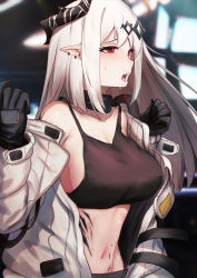 Rule 34 | 1girl, arknights, arms up, bare shoulders, black gloves, black tank top, blurry, blurry background, breasts, cleavage, crop top, gloves, highres, horns, jacket, krirk, large breasts, long hair, material growth, midriff, mudrock (arknights), mudrock (elite ii) (arknights), navel, off shoulder, open clothes, open jacket, open mouth, oripathy lesion (arknights), piercing, pointy ears, red eyes, sideboob, silver hair, solo, stomach, tank top, upper body, white jacket