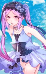 Rule 34 | 1girl, bad id, bad pixiv id, bare shoulders, beads, black ribbon, bow, choker, cloud, day, dress, euryale (fate), euryale (third ascension) (fate), fate/grand order, fate/hollow ataraxia, fate (series), flower, frilled dress, frills, hairband, headdress, jewelry, lolita hairband, long hair, looking at viewer, necklace, open mouth, purple eyes, purple hair, ribbon, shisei (kyuushoku banchou), signature, sky, sleeveless, smile, solo, twintails, very long hair, white dress