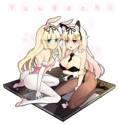 Rule 34 | 2girls, :d, absurdres, and-j (dlwjdqja1212), animal ears, ass, backless outfit, bad id, bad pixiv id, between breasts, black footwear, blonde hair, blush, breasts, brown legwear, card, cat ears, character name, cleavage, commentary, detached collar, dice, elbow gloves, fake animal ears, fake tail, fang, from behind, gloves, green eyes, hair flaps, hair ornament, hair ribbon, hairclip, high heels, highres, kantai collection, kittysuit, large breasts, leotard, looking at viewer, looking back, medium breasts, multiple girls, necktie, necktie between breasts, nontraditional playboy bunny, open mouth, pantyhose, pink footwear, playboy bunny, playing card, rabbit ears, rabbit tail, red eyes, ribbon, sitting, smile, tail, time paradox, white background, white legwear, wrist cuffs, yuudachi (kancolle)