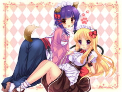 Rule 34 | 2girls, :d, animal ears, argyle, argyle background, argyle clothes, bad id, bad pixiv id, blonde hair, blush, bow, brown eyes, cat ears, cat tail, dog ears, dog tail, duji amo, hair bow, long hair, maid, maid headdress, multiple girls, open mouth, original, paw print, purple eyes, purple hair, smile, tail, usagihime