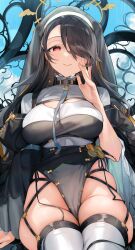 Rule 34 | 1girl, black hair, blue archive, blue sky, blush, breasts, cloud, cloudy sky, eyes visible through hair, halo, hand up, highres, hinata (blue archive), koyo akio, large breasts, long hair, looking at viewer, nun, outdoors, red eyes, sitting, sky, smile, thighhighs, veil, white thighhighs