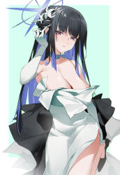 Rule 34 | 1girl, absurdres, black footwear, black hair, blue archive, blue hair, blue halo, breasts, choker, cleavage, closed mouth, colored inner hair, commentary request, dress, elbow gloves, gloves, halo, high heels, highres, katachi noboru nishikino, large breasts, long hair, looking at viewer, multicolored hair, purple eyes, saori (blue archive), saori (dress) (blue archive), solo, strapless, strapless dress, white choker, white dress, white gloves