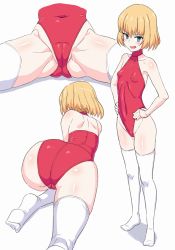 Rule 34 | 1girl, all fours, ass, blonde hair, blue eyes, breasts, cameltoe, cleft of venus, covered erect nipples, girls und panzer, hairband, hands on own hips, highres, katyusha (girls und panzer), leotard, muchabou, multiple views, red leotard, short hair, sitting, small breasts, spread legs, standing, thighhighs, white background, white thighhighs