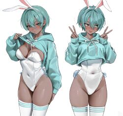 Rule 34 | 1girl, absurdres, animal ears, aqua eyes, aqua hoodie, blush, breasts, cleavage, clothes lift, commentary, covered navel, crop top, crop top overhang, cropped hoodie, dark-skinned female, dark skin, fake animal ears, gompang 11, grey hair, hair between eyes, highleg, highleg leotard, highres, hood, hood down, hoodie, hoodie lift, large breasts, leotard, lifted by self, long sleeves, looking at viewer, looking to the side, multiple views, nervous smile, nose blush, open mouth, original, playboy bunny, puffy long sleeves, puffy sleeves, rabbit ears, short hair, simple background, smile, symbol-only commentary, thighhighs, very short hair, white background, white leotard, white thighhighs
