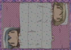 Rule 34 | 2girls, animated, animated gif, bed, blue hair, blush, futon, hidamari sketch, lowres, multiple girls, nori (hidamari sketch), sleeping, smile, wide face, yuno (hidamari sketch)