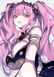 Rule 34 | 1girl, absurdres, black tiara, breasts, cleavage, hair ornament, highres, hololive, hololive english, holomyth, id and df, large breasts, long hair, looking at viewer, mori calliope, mori calliope (1st costume), official alternate hairstyle, open mouth, pink eyes, pink hair, red eyes, skull hair ornament, smile, solo, tiara, tongue, tongue out, twintails, upper body, virtual youtuber