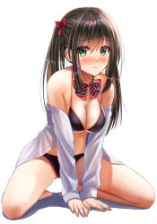 Rule 34 | 1girl, bikini, black bikini, blush, bow, bowtie, breasts, brown hair, cleavage, commentary request, green eyes, hair between eyes, hair ribbon, highres, kneeling, large breasts, long bangs, long hair, long sleeves, looking at viewer, open clothes, open shirt, original, parted lips, ribbon, shirt, simple background, solo, swimsuit, white background, white shirt, yukemuriganmo