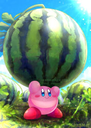 Rule 34 | alternate size, arms up, artist name, blue eyes, blue sky, blush, blush stickers, closed mouth, cloud, commentary request, dated, day, drooling, food, fruit, kirby, kirby (series), kumaoka pon, leaf, light rays, nintendo, no humans, outdoors, plant, sky, smile, solo, standing, star (symbol), sun, sunlight, twitter username, vines, watermark, watermelon