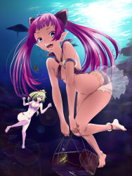 Rule 34 | 00s, 2girls, air bubble, anklet, barefoot, bikini, black eyes, blonde hair, blowing bubbles, breath, brown eyes, bubble, butt crack, diving, fang, freediving, harem outfit, highres, jewelry, lens flare, long hair, manta ray, marin (marine-sky-earth), marin (umi monogatari), multiple girls, ocean, pink hair, pointy ears, poker-face-008, swimming, swimsuit, treasure chest, twintails, umi monogatari, underwater, urin (umi monogatari), very long hair, water
