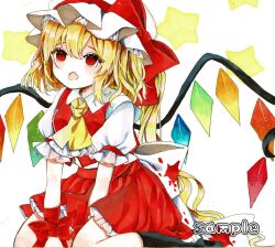 Rule 34 | 1girl, ascot, bat wings, blonde hair, crystal, flandre scarlet, hat, hat ribbon, kneeling, marker (medium), mob cap, monji (monzi328), multicolored wings, one side up, open mouth, puffy short sleeves, puffy sleeves, red eyes, red skirt, red vest, ribbon, short sleeves, side ponytail, skirt, skirt set, solo, touhou, traditional media, vest, white hat, wings, yellow ascot