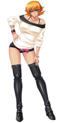 Rule 34 | 00s, 1girl, alternate costume, bare shoulders, belt, black thighhighs, blue eyes, boots, bracelet, breasts, collarbone, earrings, female focus, full body, hair between eyes, hand on own hip, hand on thigh, head tilt, high heel boots, high heels, hip focus, igawa sakura, jewelry, kagami hirotaka, large breasts, legs, lilith-soft, looking at viewer, lots of jewelry, orange hair, shiny clothes, shiny skin, shirt, short hair, short shorts, shorts, solo, standing, taimanin (series), taimanin asagi, taimanin asagi 3, tan, tanline, thigh boots, thighhighs, thighs, transparent background, wristband