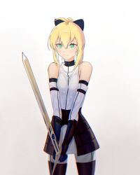 Rule 34 | 1girl, ahoge, armor, artoria pendragon (all), artoria pendragon (fate), bare shoulders, black armor, blonde hair, blue gloves, bow, bowtie, facing viewer, fate/grand order, fate (series), gloves, green eyes, hair between eyes, hair ornament, holding, holding sword, holding weapon, lilyaholmes, medium hair, off-shoulder shirt, off shoulder, saber lily, shirt, simple background, solo, standing, sword, weapon, white background, white shirt